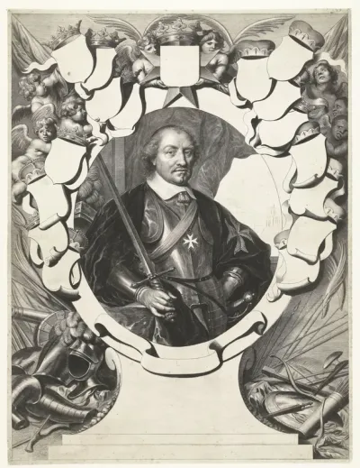 Portret van Johan Maurits, vorst van Nassau-Siegen, in ovale omlijsting met wapenschilden en wapenrusting