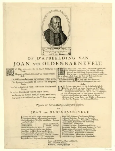 Portret van Johan van Oldenbarnevelt, met verzen op het portret en de lijst van namen van de 24 rechters, 1619