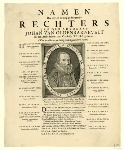 Portret van Johan van Oldenbarnevelt, omringd door de namen van de vierentwintig rechters die hem ter dood hebben veroordeeld, 1619