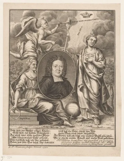 Portret van Johann Franz Buddeus met allegorieën