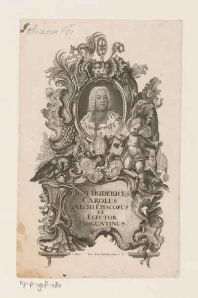 Portret van Johann Friedrich Carl von Ostein in allegorische omlijsting