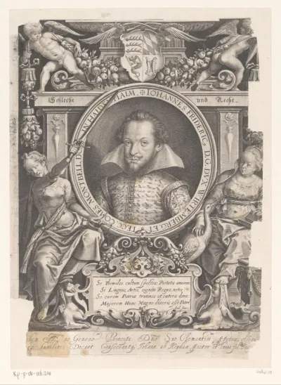 Portret van Johann Friedrich von Württemberg in decoratieve omlijsting met de personificaties Rechtvaardigheid (Justitia) en Kuisheid (Castitas)