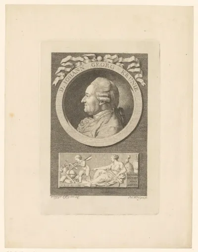 Portret van Johann Georg Krünitz en allegorie op de zeven vrije kunsten