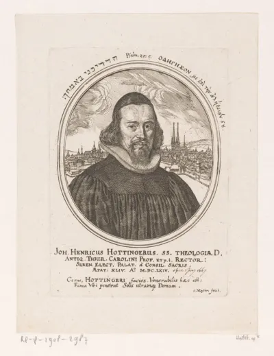 Portret van Johann Heinrich Hottinger met stadsgezicht van Zürich