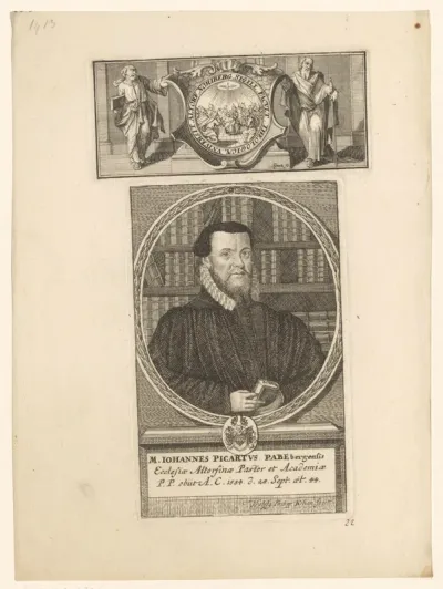 Portret van Johann Picardt op 44-jarige leeftijd en een vignet met voorstelling van de uitstorting van de Heilige Geest