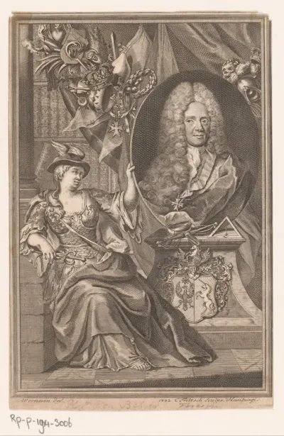 Portret van Johann von Besser vastgehouden door de personificatie van Welsprekendheid