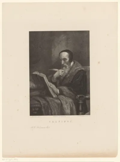 Portret van Johannes Calvijn schrijvend in een boek