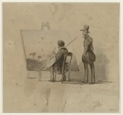Portret van Johannes Franciscus Hoppenbrouwers voor zijn ezel en A. van den Berg toekijkend