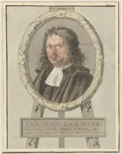 Portret van Johannes van der Meer de Oude, in lauwerkrans op schildersezel