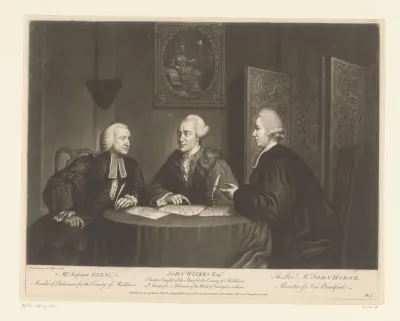 Portret van John Glyn, John Wilkes en John Horne aan een tafel