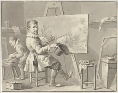 Portret van Joost Corneliszn. Droochsloot in zijn atelier zittende achter een ezel met landschap