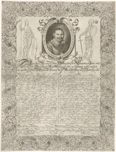 Portret van Joost van Trappen Banckers met lofdicht