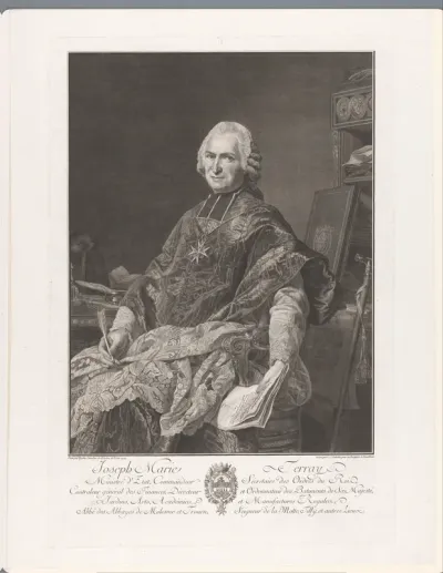 Portret van Joseph Marie Terray aan een bureau met een pen en brief in zijn hand