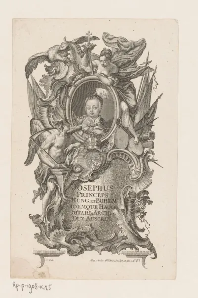 Portret van Jozef II in allegorische omlijsting