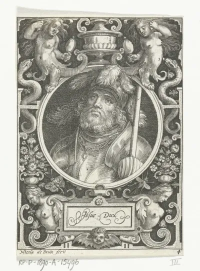 Portret van Jozua in medaillon binnen rechthoekige omlijsting met ornamenten