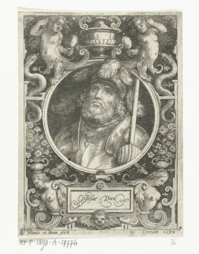 Portret van Jozua in medaillon binnen rechthoekige omlijsting met ornamenten