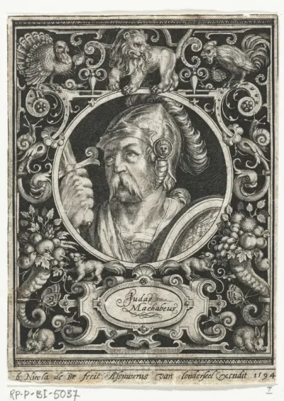 Portret van Judas de Makkabeër in medaillon binnen rechthoekige omlijsting met ornamenten