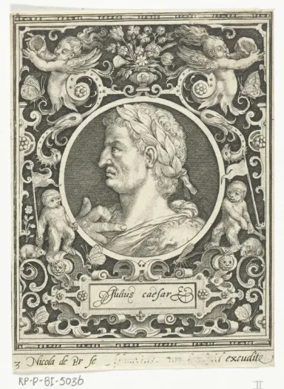 Portret van Julius Caesar in medaillon binnen rechthoekige omlijsting met ornamenten