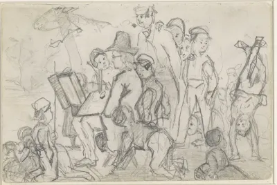 Portret van K. Klinkenberg, schilderend in een landschap omringd door figuren