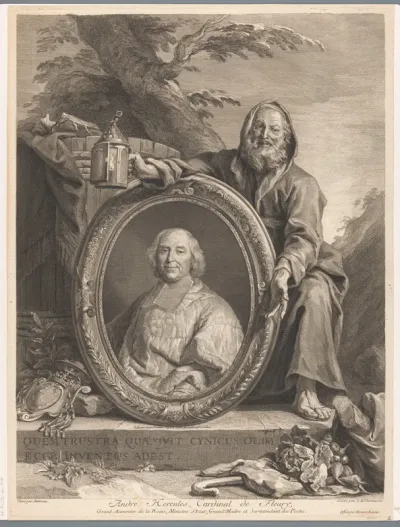 Portret van kardinaal André-Hercule de Fleury in een ovale lijst vastgehouden door Diogenes in een landschap