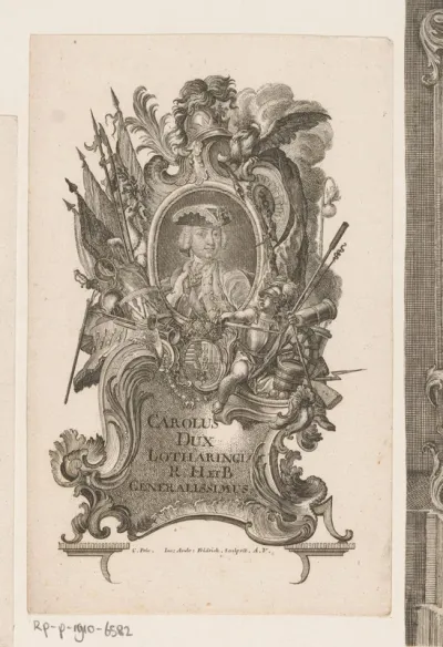 Portret van Karel Alexander hertog van Lotharingen in allegorische omlijsting