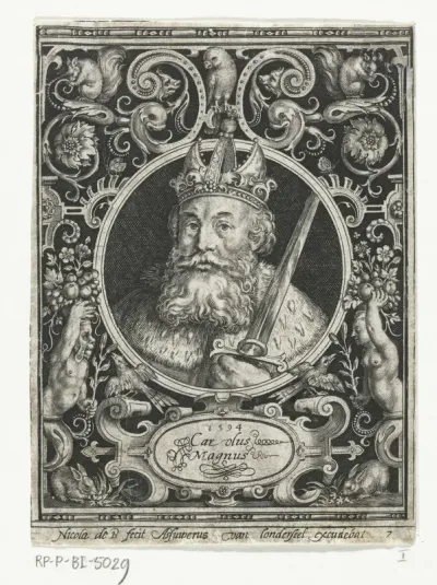 Portret van Karel de Grote in medaillon binnen rechthoekige omlijsting met ornamenten