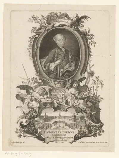 Portret van Karel Frederik van Baden met gezicht op Slot Karlsruhe