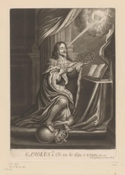 Portret van Karel I, koning van Engeland geknield bij een altaar