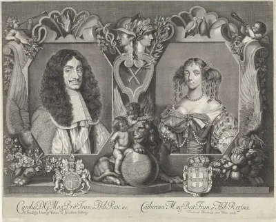 Portret van Karel II, koning van Engeland en zijn vrouw Catharina van Braganza