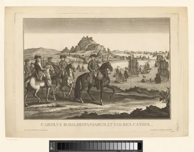Portret van Karel III, koning van Spanje te paard, met gevolg in landschap