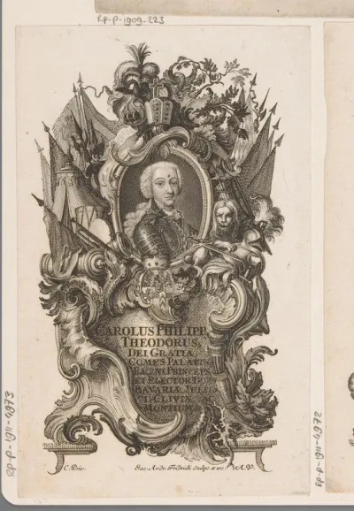 Portret van Karel Theodoor van Beieren in allegorische omlijsting