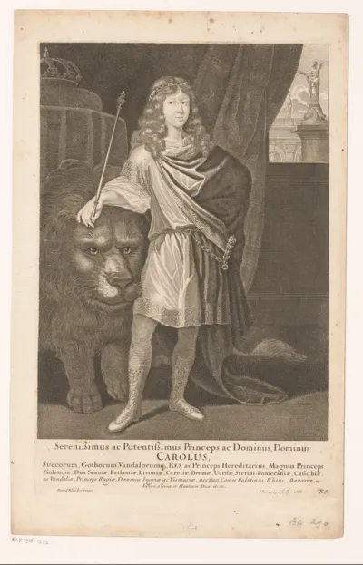 Portret van Karel XI, koning van Zweden, met leeuw