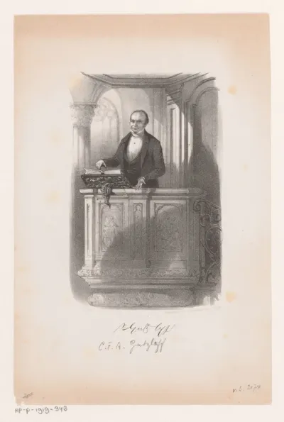 Portret van Karl Friedrich August Gützlaff op een preekstoel