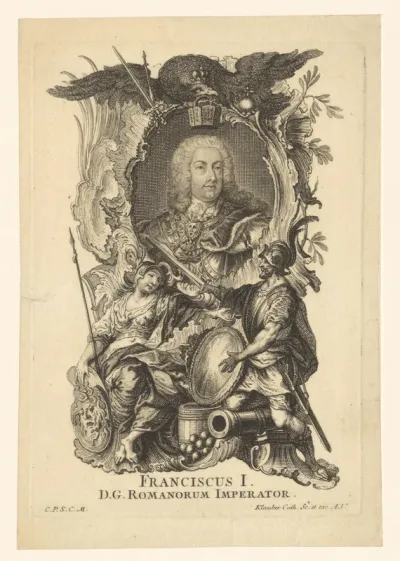 Portret van keizer Frans I Stefan met allegorie op strijdkracht