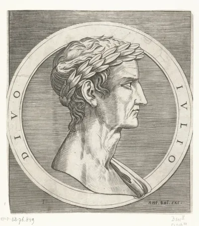 Portret van keizer Julius Caesar met lauwerkrans in ronde omlijsting