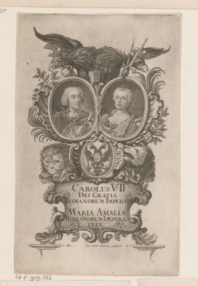 Portret van keizer Karel VII Albrecht en Maria Amalia van Oostenrijk in twee medaillons in allegorische omlijsting