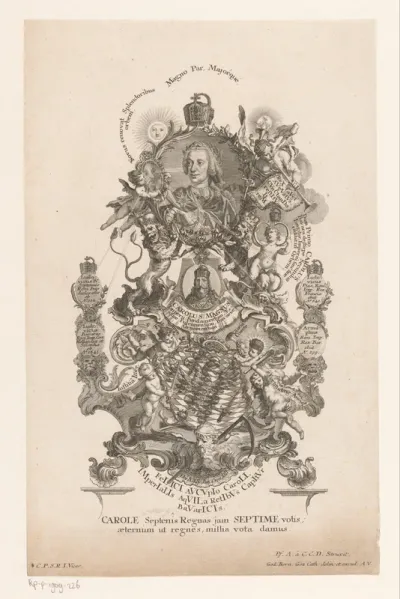 Portret van keizer Karel VII Albrecht omgeven door allegorische decoratie