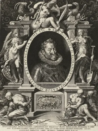 Portret van keizer Rudolf II in omlijsting met allegorische figuren