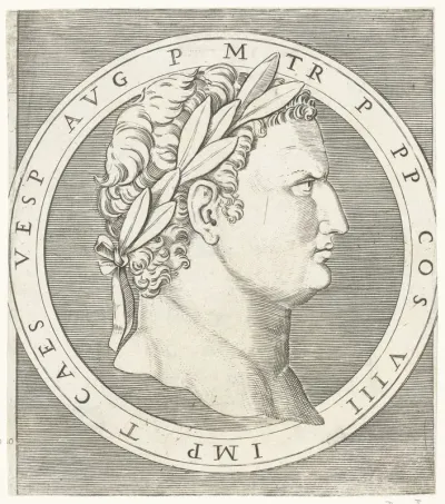 Portret van keizer Titus met lauwerkrans in ronde omlijsting