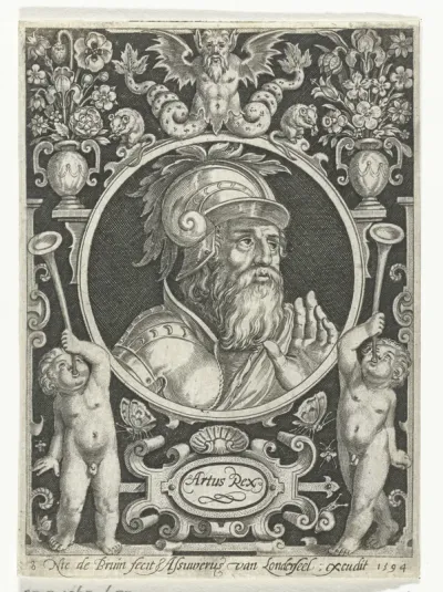 Portret van koning Arthur in medaillon binnen rechthoekige omlijsting met ornamenten
