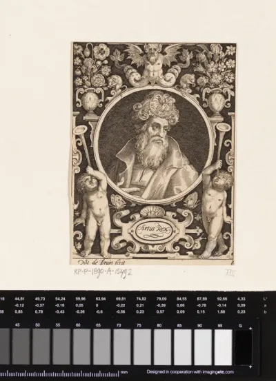 Portret van koning Arthur in medaillon binnen rechthoekige omlijsting met ornamenten