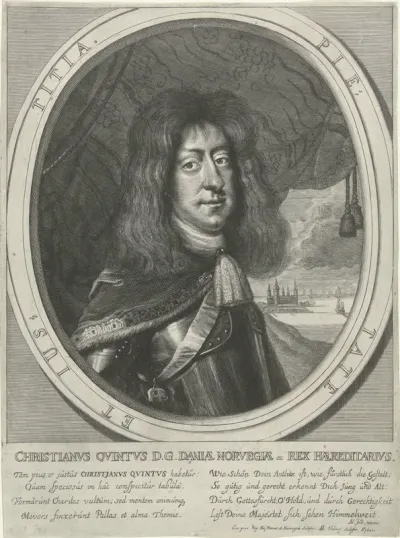 Portret van koning Christiaan V van Denemarken en Noorwegen