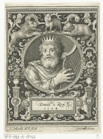 Portret van Koning David in medaillon binnen rechthoekige omlijsting met ornamenten