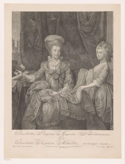 Portret van koningin Charlotte en haar dochter