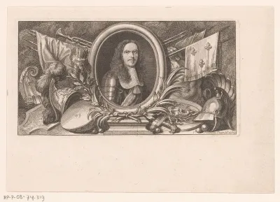 Portret van krijgsheer in ovaal te midden van helmen, vaandels en andere militaire attributen