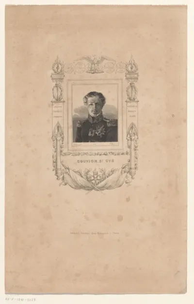 Portret van Laurent de Gouvion Saint-Cyr in een versierde cartouche