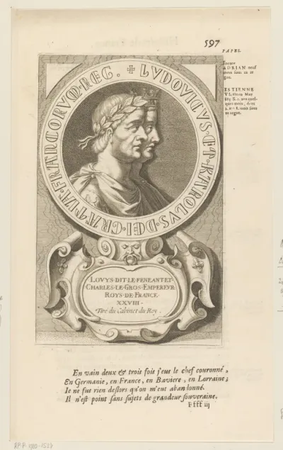Portret van Lodewijk IV, koning van Frankrijk, met Karel III de Dikke, keizer van het Heilige Roomse Rijk