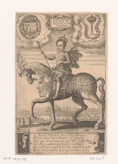 Portret van Lodewijk XIII te paard, met op de achtergrond een gezicht op Parijs