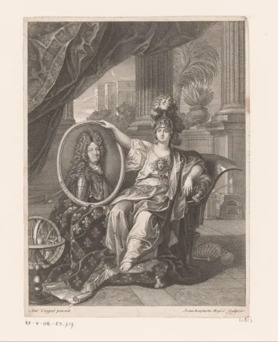 Portret van Lodewijk XIV in een medaillon opgehouden door Minerva