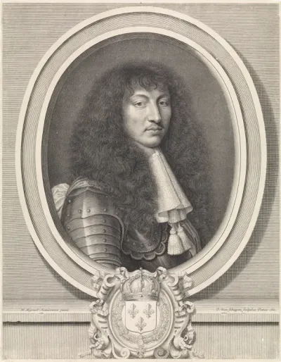 Portret van Lodewijk XIV, koning van Frankrijk, met kanten kraag voorzien van twee kwasten